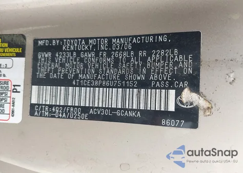 2006 Toyota Camry Solara Se из США, поврежденный, VIN 4T1CE38P86U751152